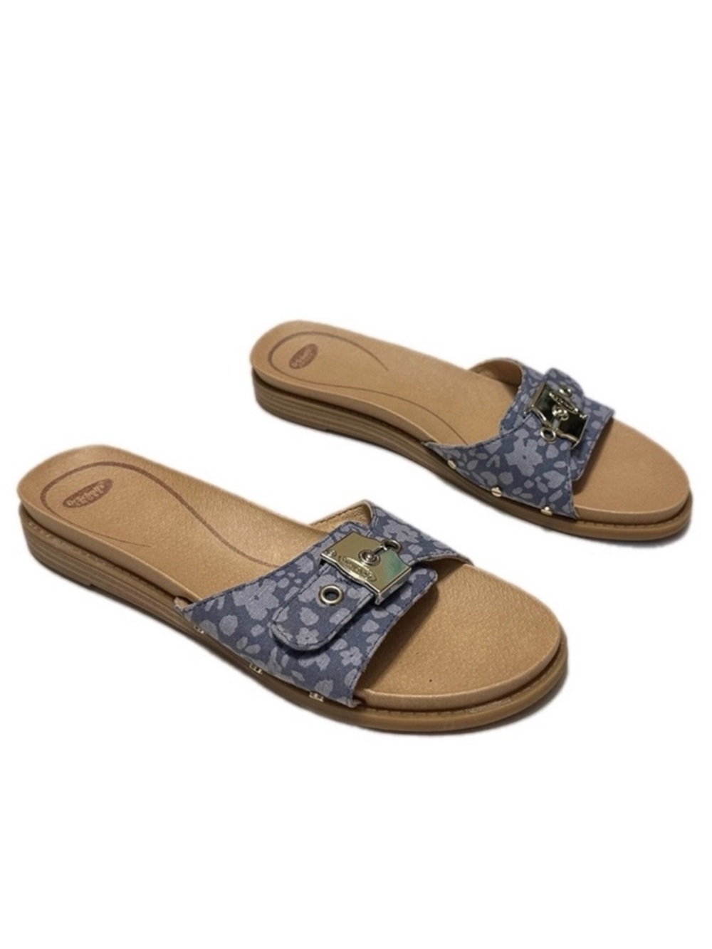 Dr. Scholl’s Floral Denim‎ Comfort Sandals Adjustable Strap Studded Slip On 9.5